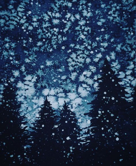 Snowy Sky Painting, Easy Winter Watercolor, Snowy Forest Painting, Snow And Trees, Night In The Forest, Winter Drawings, Snowy Night, Winter Art Projects, Winter Watercolor