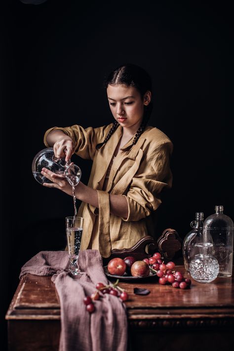 Pouring Water Photography, Pouring Water Reference, Corset Shoot, Woman Pouring Water, Wine Chocolate Cake, Painterly Portraits, Inner Alchemy, Wine Chocolate, Pouring Water