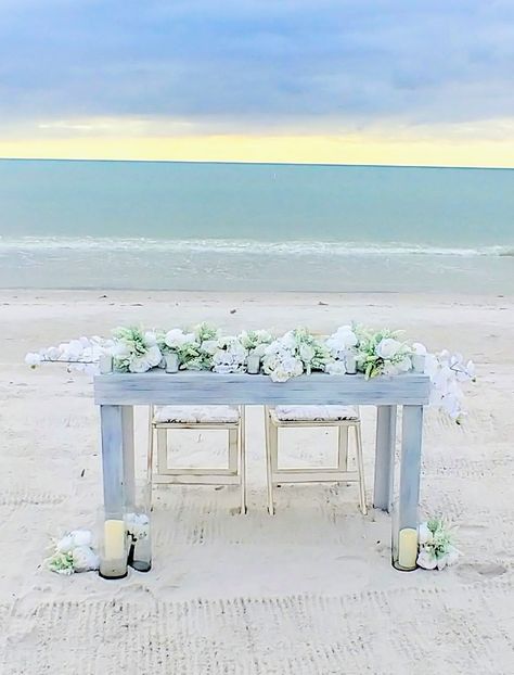 Beach Wedding Bride And Groom Table, Beach Wedding Head Table, Beach Sweetheart Table, Beach Wedding Reception Tables, Wedding Head Table, Beach Wedding Tables, Reception Table Centerpieces, Dream Beach Wedding, Head Table Wedding