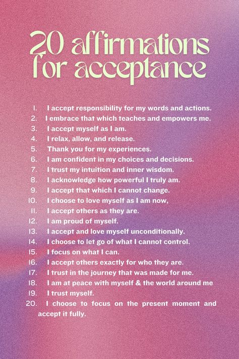 Daily affirmations for women Empowering list of quotes Affirmations for radical acceptance, self-acceptance, embracing who you are, mindfulness, self-love, positive self-talk, inner peace, mental health, personal growth, self-improvement, healing, manifestation, spirituality Mantras For Acceptance, Radical Acceptance Affirmations, Empowering Self Love Quotes, How To Accept Myself, Self Acceptance Affirmations, Radical Self Acceptance, Daily Affirmations Mental Health, Radical Acceptance Quotes, Self Love Affirmation Quotes For Women