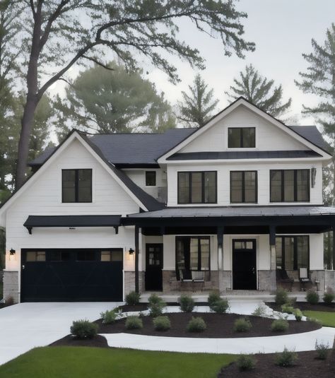 A beautiful blend of modern and colonial styles, this single-family home offers a lifestyle of wellness and comfort.  Learn more! Tall Modern House, White And Black House Exterior, Colonial House Design, White And Black House, House American Style, Black And White House Exterior, White House Black Trim, White Modern House, Modern Suburban House