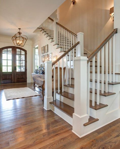 Dream House Farmhouse, Foyer With Stairs, Foyer Stairs, White Staircase, Foyer Staircase, Little Rock Arkansas, Painted Stairs, Foyer Decorating, Foyer Design