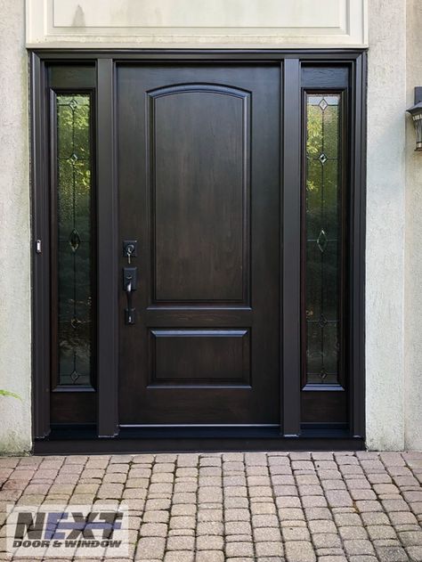 Exterior Doors With One Sidelight, Main Door Color Ideas Wood, Main Door Design Entrance Black, Main Door Design Modern Front Entry Double Door, Black Main Door, Main Door Color Ideas, Entrance Door Design Modern Home, Front Entry Doors With Sidelights, Front Door With One Sidelight