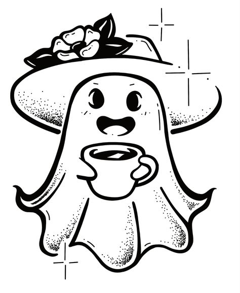 Crisp Ink Ghost, Flash Ghost Tattoo, Coffee Flash Tattoo, Ghost Doodle Tattoo, Halloween Ghost Flash Tattoo, Ghost Holding Coffee Tattoo, Chibi Ghost Tattoo, Mommy Daughter Tattoos, Cup Tattoo