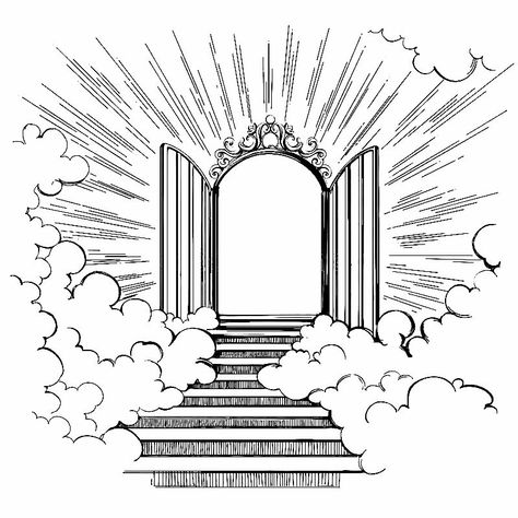 Heavens Gates Tattoo Design, Stairs To Heaven Tattoo, Gates Of Heaven Tattoo, Stairway To Heaven Tattoo, Dragon Tattoo Drawing, Memorial Tattoo Ideas, Jesus Art Drawing, Christian Drawings, Stairs To Heaven