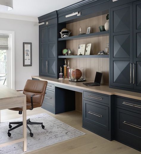 Ikea Office Study, Home Office With Lots Of Storage, Built In Office Cabinets Wall Units, Home Office With Built Ins Cabinets, Judges Paneling Office, Ikea Home Library, Black Built Ins Office, Blue Office Built Ins, Built In Home Office Ideas