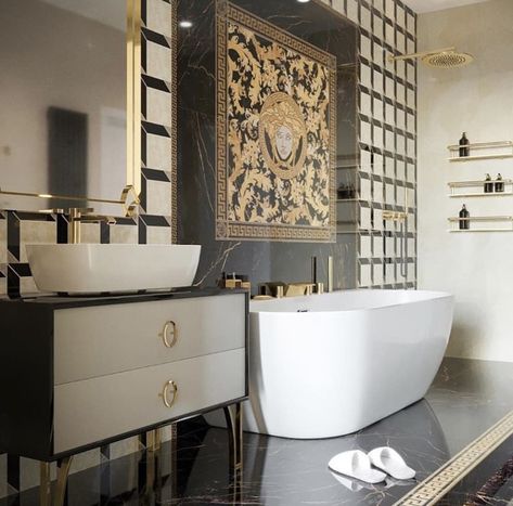 Versace ceramic #gold Versace Bathroom Ideas, Versace Home Interior Design, Versace Ceramics, Versace Bedroom, Versace Bathroom, Versace Tiles, Versace Home Decor, Versace Furniture, Home Spa Bathroom