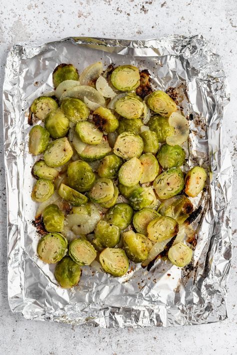 Tony's Grilled Brussels Sprouts (made in foil packs!) | Ambitious Kitchen Grilled Vegetable Kabobs, Grilled Brussel Sprouts, Vegetable Kabobs, Foil Packs, Vegan Grilling, Ambitious Kitchen, Brussels Sprouts Recipe, Grilled Veggies, Best Side Dishes