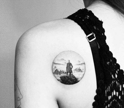 Photo - Black and grey dotwork tattoo style of Wanderer above the Sea of Fog motive done by artist Amanda Piejak | Large Tattoo Photo 17417 | World Tattoo Gallery Sea Of Fog, Mens Lion Tattoo, David Friedrich, Dotwork Tattoo, O Tattoo, Caspar David Friedrich, World Tattoo, Large Tattoos, Tattoos Gallery