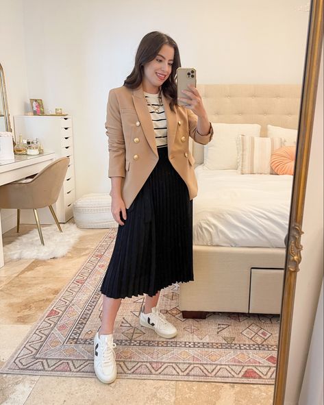 Midi skirt, pleated skirt, camel blazer, striped tee Blazer Skirt Sneakers Outfit, Formal Pleated Skirt Outfit, Black Pleat Skirt Outfit, Blazer On Skirt, Black Pleated Skirt Outfit Casual, Skirt And Flats Outfit, Blazer And Pleated Skirt Outfit, Black Skirt And Blazer Outfit, How To Style Black Pleated Skirt