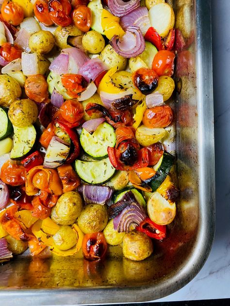 Roasted Mediterranean Vegetables Tray Bake Vegetables, Vegetable Tray Bake, Mediterranean Vegetarian Recipes, Mediterranean Vegetarian, Bbq Vegetables, Mediterranean Vegetables, Roasted Mediterranean Vegetables, Roasted Vegetables Oven, Vegetable Tray