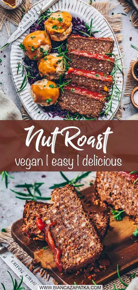 In this recipe, I'll show you how to make a delicious nut roast with beans that will not only delight vegans but also non-vegans. This meatless roast is perfect for the festive holiday season! #roast #vegan #nuts #beans #christmas #thanksgiving #veganrecipes #vegetarian #recipes #food #vegan #meatless | biancazapatka.com Nut Roast Recipe Vegan, Vegan Nut Roast Christmas, Vegan Christmas Roast, Nut Roast Recipe, Vegetarian Nut Roast, Vegan Nut Roast, Meatless Meatloaf, Roasted Nuts Recipe, Beans From Scratch