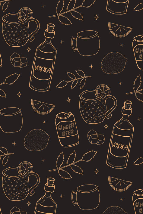 Fun hand drawn cocktail art pattern design of all the parts of a moscow mule. Whiskey Wallpaper, Cocktail Wallpaper, Lounge Wallpaper, Illustrated Pattern, Whiskey Lounge, Moscow Mules, Cocktail Illustration, Style Wallpaper, Cocktail Art