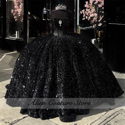 Glitter Black Sequins Quinceanera Dresses Ball Gown 2024 Beads Diamonds Sweet 16 Dress Birthday Dress 18th Birthday, Black Quince Dresses, Sequin Corset, Ball Gown Dress, Dress Ball Gown, 16 Dress, Wedding Dresses With Flowers, Prom Ball Gown, Wedding Flower Girl Dresses