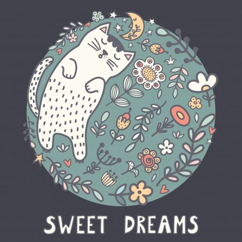 Sweet dreams card with a cute sleeping c... | Premium Vector #Freepik #vector #flower #floral #baby #card Cute Sleeping Cat, Valentines Day Border, Cat Scrapbook, Evening Wishes, Plants Vector, Good Night Cat, Hand Drawn Arrows, Cat Plants, Plant Vector