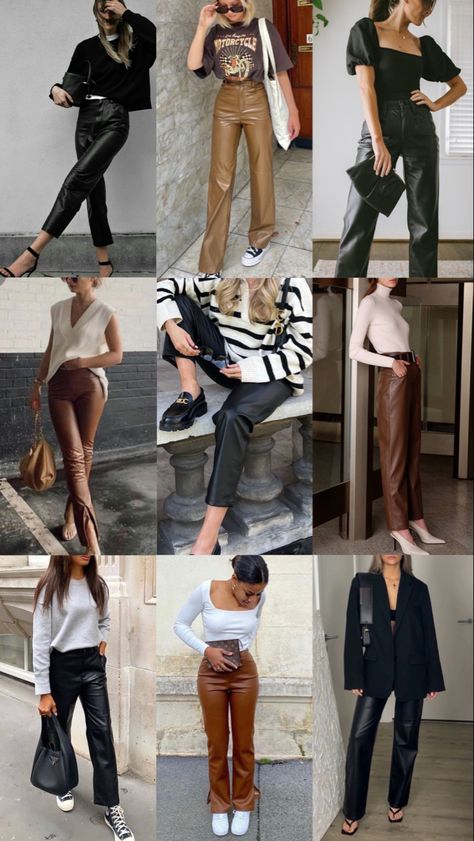 How to wear faux leather trousers #trousers #pants #fauxleatherleggings #leather #outfits #outfitideas #outfitstyle #outfitgrid #outfitideasforwomen #fashion #fashionable #fashionstyle #fashiontrend #ootdfashion #styleideas Straight Leg Leather Trousers Outfit, Coated Pants Outfit, Leather Slacks Outfit, Tan Faux Leather Pants Outfit, Faux Leather Trousers Outfit, Leather Trousers Outfit Winter, Cognac Leather Pants Outfit, Faux Leather Pants Outfit Fall, Brown Leather Trousers Outfits