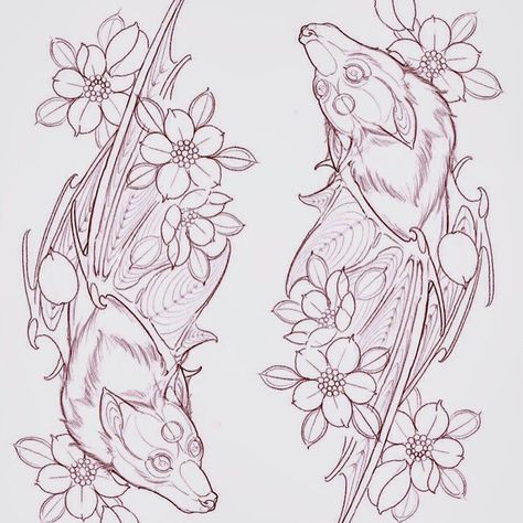 Fruit Bat Drawing Tattoo, Bat And Flower Tattoo, Neotrad Animal Tattoo, Bats Tattoo Ideas, Floral Bat Tattoo, Neotraditional Animal Tattoo, Cute Bat Tattoo Ideas, Fruit Bat Tattoo, Cute Bat Tattoo