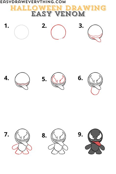 Easy venom drawing Easy Venom Drawing, Venom Drawing Easy, How To Draw Venom, Venom Drawing, Cute Halloween Drawings, Comic Book Villains, Minecraft Drawings, Fruits Drawing, Easy Drawing Tutorial