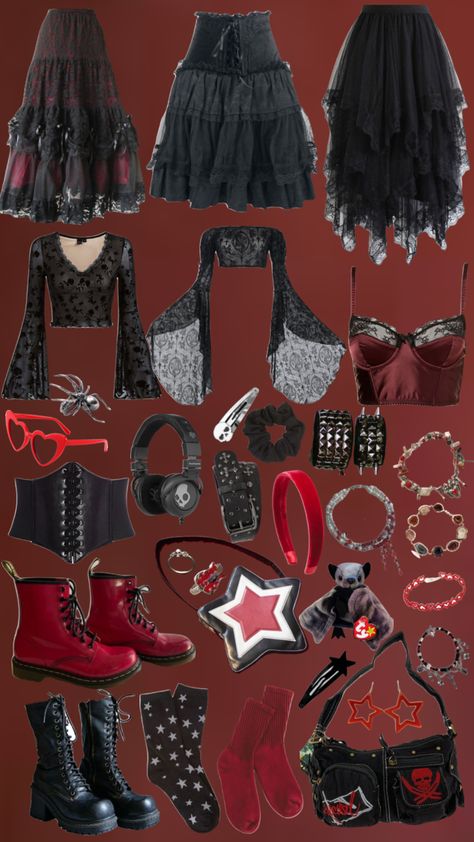 Goth Party Aesthetic, Red And Black Goth Outfits, Black And Red Aesthetic Outfit, Goth Valentines Day Outfit, Goth Vampire Aesthetic, Hippie Goth Outfits, Red Goth Outfits, Romantic Goth Outfits, Red Goth