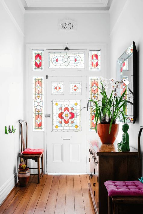 Victorian Entry, Leadlight Windows, Modern Window Treatments, Entry Doors With Glass, Stained Glass Door, Hall Interior, Modern Windows, House Front Design, Curtain Designs