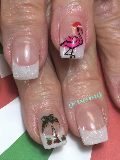 Beach Christmas Nail Art, Christmas Flamingo Nails, Florida Christmas Nails, Christmas In Hawaii Nails, Christmas Beach Nails, Tropical Christmas Nails, Hawaii Nails, Florida Nails, Florida Christmas