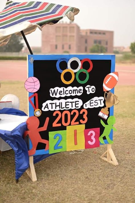 Olympic Decorations Classroom, Aileen Costume, Sports Day Board Decoration, Olympic Decorations, Sports Day Banner, Sports Backdrop, Olympic Sign, Sports Day Decoration, Sports Day Poster