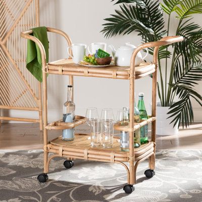 Rattan Bar Cart, Wine Cart, Wood Bar Cart, Wine Bottle Storage, Serving Trolley, Caster Wheels, Easy Entertaining, Bottle Rack, Wood Bar