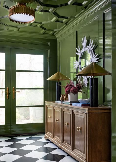 Whales Tail, Lacquered Walls, Interior Shutters, Powder Room Design, Green Paint Colors, Flooring Trends, Kitchen Paint Colors, Deco Boheme, Small Entryway