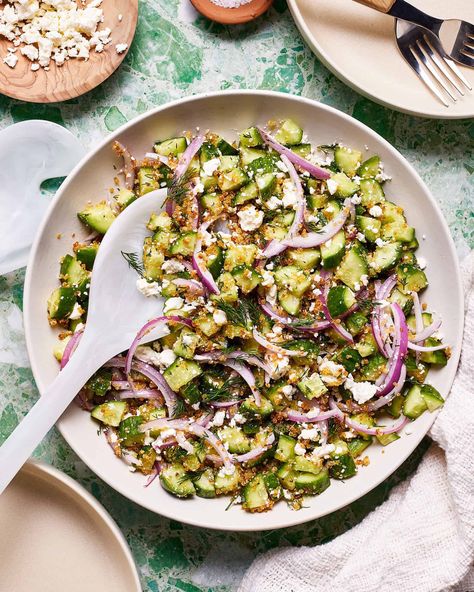 Cucumber Salad With Crunchy Quinoa and Lemon Vinaigrette Cucumber Salad With Crispy Quinoa, Crunchy Quinoa, Greek Chicken Marinade, Crispy Quinoa, Summertime Salads, Fresh Salad, Lemon Vinaigrette, White Bean Soup, Lunch Salads