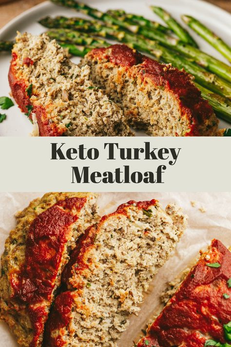 Turkey meatloaf slices on a plate with asparagus. Keto Turkey Meatloaf Recipes, Keto Turkey Meatloaf, Gluten Free Turkey Meatloaf, Mushroom Meatloaf, Turkey Loaf, Turkey Meatloaf Recipe, Paleo Turkey, Keto Turkey, Low Carb Meatloaf