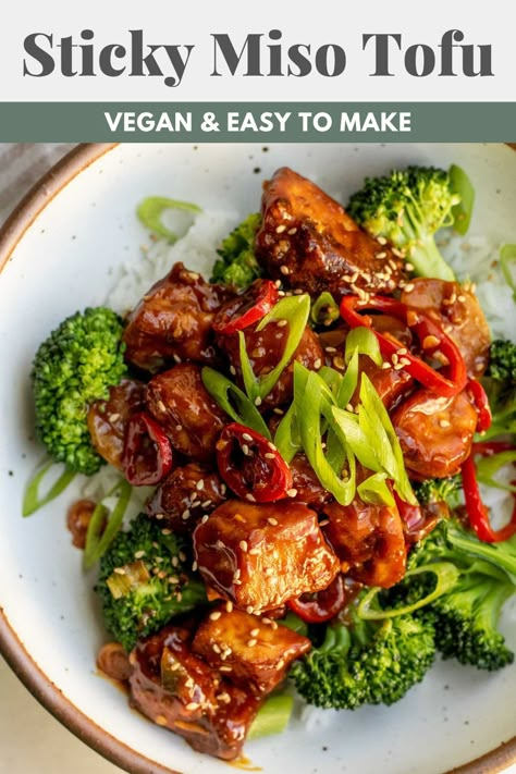 Sweet, savory sticky miso tofu. A budget-friendly, high-protein, umami-rich dish that is easy to put together for a weeknight meal. Miso Tofu Recipe, Miso Tempeh, Miso Tofu, Asian Entrees, Daily Dairy, Sticky Tofu, Protein Vegan Recipes, Seitan Recipes, Plantbased Recipes