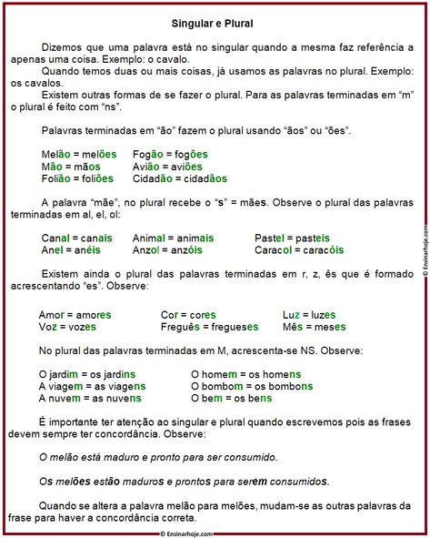 Conceito de Singular e Plural - Ensinar Hoje Plural E Singular, Singular Plural, Singular And Plural Nouns, Singular And Plural, Plural Nouns, Education