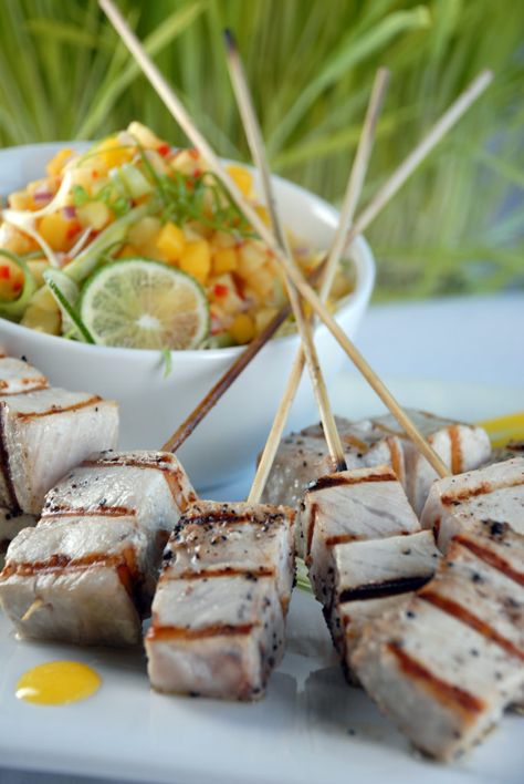 Swordfish Skewers, Banana Kale Smoothie, Grilled Swordfish, Recipes Sides, Pasta Pie, Brunch Desserts, Salsa Ingredients, Kale Smoothie, Grilled Fruit