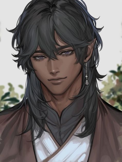 Long Male Hairstyles Reference, Highschool Oc Male, Pretty Anime Men Long Hair, Fantasy Hairstyles Drawing Male, Long Hair Guy Anime, Dark Skin Male Art, How To Draw A Curly Hair, Royal Male Oc, Dark Skinned Character Design