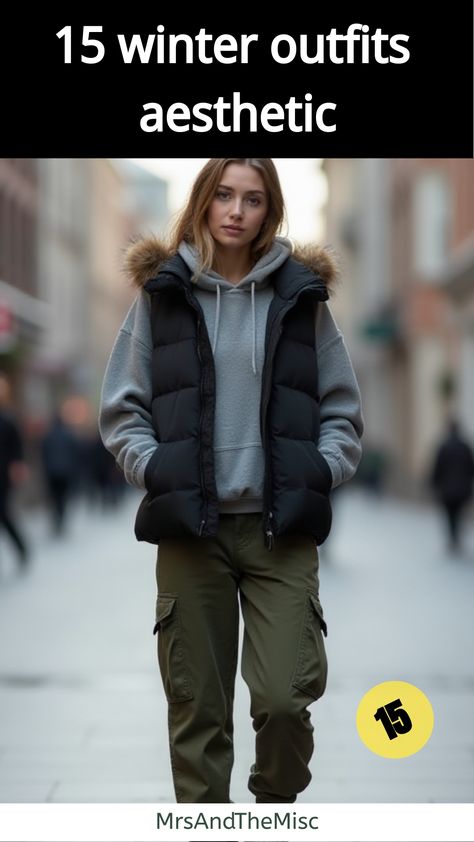 winter outfits aesthetic Winter Trendy Outfits Street Style, Masc Winter Outfits For Women, Ny Winter Outfits, Outfits Aesthetic Ideas, Puffer Vest Hoodie, Christmas Character Costumes, Cargo Pants Outfit Ideas, Aesthetic Winter Outfits, 15 Aesthetic