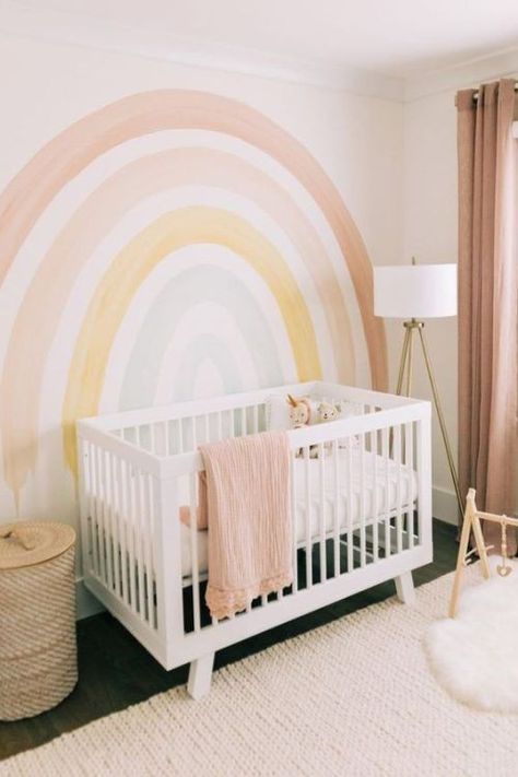 baby girl nursery ideas (13) Girl Nursery Wall Ideas, Rainbow Baby Nursery Ideas, Rainbow Theme Nursery, Baby Girl Nursery Ideas, Girl Nursery Ideas, Rainbow Baby Nursery, Rainbow Mural, Pineapple Theme, Pink Crib