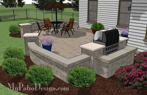 Cheap Backyard Patio Design with Grill Station | 395 sq ft | Download Installation Plan, How-to's and Material List @Mypatiodesign.com Cheap Backyard Patio, Pavers Design, Diy Patio Pavers, Patio Plans, Patio Grill, Patio Layout, Concrete Patio Designs, Patio Pavers Design, Patio Steps