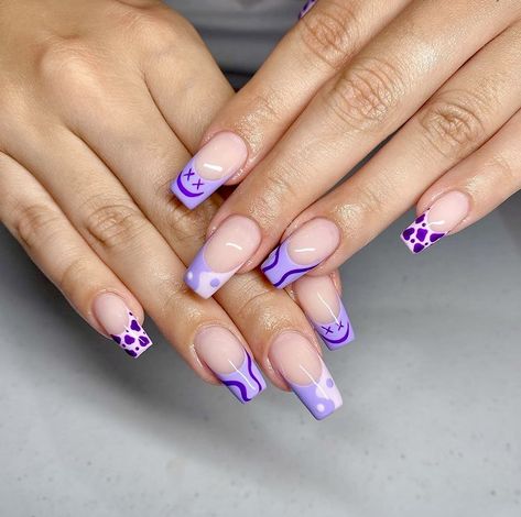 Lavender And White Nails With Design, Short Purple Nail Designs, Purple French Tip, Purple French, Teen Nails, Nail Designs Ideas, Purple Nail Art, Fake Nails Designs, Purple Acrylic Nails