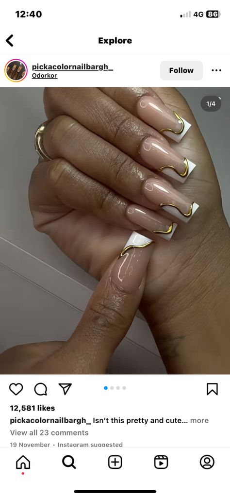 Gold Chrome French Tip Nails Square, Gold And Silver French Tip Nails, Crown Design Nails, Grad Nail Ideas Simple, Black French Tip Nails Gold Accent, White Tip Nail Designs Ideas, White Nail With Gold Design, French Nail Designs With Gold, Gold And French Tip Nails