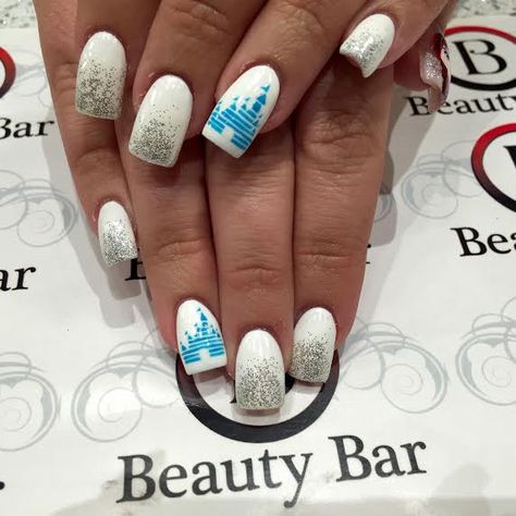 Disney nails hand drawn by Quynh  www.beautybar-inc.com 719-473-8404 26 N Tejon St  #Colorado #ColoradoSprings #Nails #NailArt #Disney #DisneyNails #DisneyCastle #WhiteNails #AcrylicNails Disney On Ice Nails, Disney Castle Nail Art, Disney Castle Nails, Disney Frozen Nails, College Nails, Chateau Disney, Frozen Nails, Disneyland Nails, Disney College Program