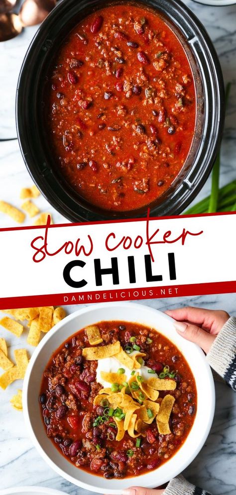 EASY SLOW COOKER CHILI, comfort food, simple dinner recipes Over Baked Potatoes, Lunch Board, Slow Cooker Chili Easy, The Best Chili, Slow Cooker Chili Recipe, Best Chili, Best Chili Recipe, Chili Recipe Crockpot, Comforting Soup