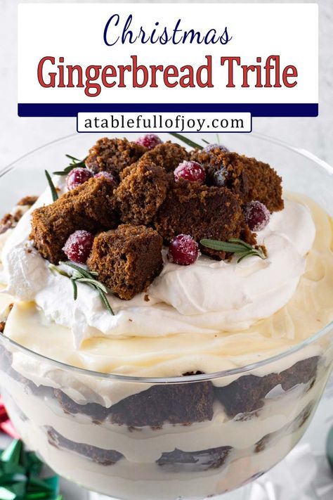 Easy Gingerbread Trifle is layers of tender gingerbread cake, eggnog, and white chocolate pudding. This delicious dessert is easy to make and will quickly become a holiday favorite! #christmas #gingerbread Gingerbread Trifle, White Chocolate Pudding, Trifle Bowl Recipes, Eggnog Dessert, Gingerbread Dessert, Trifle Dessert Recipes, Gingerbread Cake Recipe, Chewy Gingerbread Cookies, Easy Gingerbread