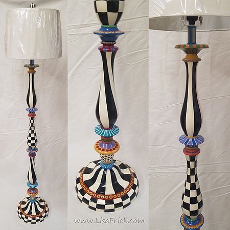 Hand Painted Floor, Mackenzie Childs Furniture, Mackenzie Childs Diy, Furniture Painting Tutorial, Black Christmas Decorations, Painted Lamp, Painted Candlesticks, Whimsical Painted Furniture, Thrift Store Makeover