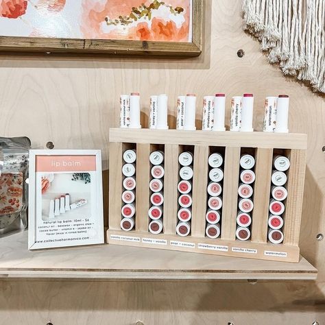 Lip Balm Display Ideas, Lip Balm Display Ideas Craft Fairs, Chapstick Display, Lip Balm Display, Watermelon Lip Balm, Vanilla Lip Balm, Market Table, Organic Lip Balm, Vanilla Coconut