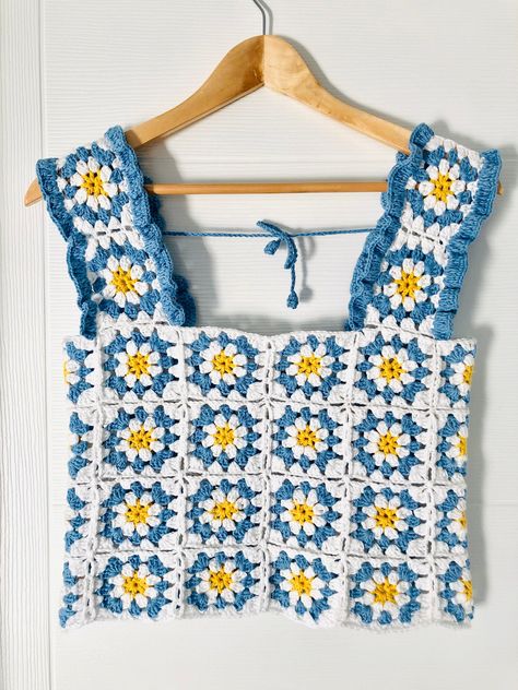 Women Daisy Crochet Top, Granny Square Crop Top, Square Crop Top, Daisy Crop Top, Crochet Floral Top, Daisy Crochet, Knit Vest Pattern, Crochet Knit Stitches, Crochet Daisy