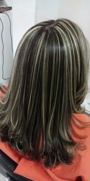 Brown Hair With Blonde Lowlights, Black Hair With Blonde Highlights, Salon Cart, Aveda Hair Color, Skunk Hair, Short Hair Highlights, Aveda Hair, Hair Highlights And Lowlights, Black Hair With Highlights