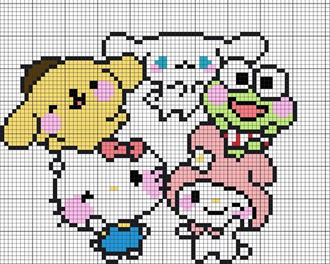 Hello Kitty And Friends Cross Stitch, Hello Kitty Characters Pixel Art, Cross Stitch Patterns Sanrio, Cinnamoroll Grid Pattern, Sanrio Grid Art, Embordy Ideas, Pixel Art Pattern Disney, Hello Kitty Grid Pattern, Sanrio Cross Stitch Pattern