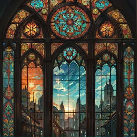 🌇✨ Behold the stunning view through these magnificent stained glass windows, capturing the essence of a bustling city at different times of the day. The intricate designs and vibrant colors of the glass create a mesmerizing mosaic, blending the warm hues of sunrise with the cool tones of the day. The gothic architecture of the buildings outside adds to the grandeur, making the scene feel both timeless and magical. This artwork beautifully illustrates the harmony between human craftsmanship an... Stained Glass Windows Cathedral, Stained Glass Building, Large Stained Glass Window, Medieval Stained Glass Windows, Gothic Mosaic, Gothic Stained Glass Windows, Story Concepts, Architecture Artwork, Medieval Stained Glass