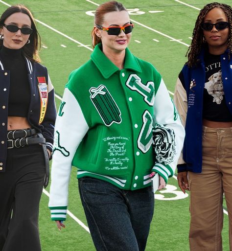 How to Style a Varsity Jacket in 2024 - PureWow Style A Varsity Jacket, Varsity Jacket Style, Varsity Dress, Spring Outerwear, Saved By The Bell, Spring Capsule Wardrobe, Tennis Skirts, Tennis Dress, Daily Dress