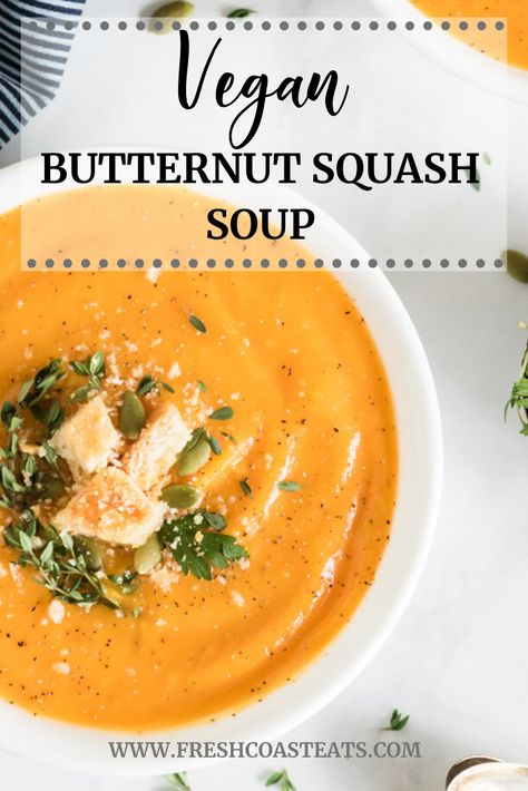 Yum! This healthy vegan butternut squash soup recipe is simply the best! It is so easy and lets the natural creamy flavor of caramelized roasted butternut squash shine. #veganbutternutsquashsoup #butternutsquashsoup #veganbutternutsquashsouprecipe #easy #best #creamy #healthy Vegan Butternut Squash Soup Recipes, Butternut Squash Bisque, Vegan Butternut Squash Soup, Winter Squash Recipes, Vegan Butternut Squash, Comfort Soup Recipes, Butternut Squash Recipes Soup, Squash Soup Recipe, Roasted Butternut Squash Soup